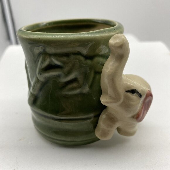 VTG Ceramic Planter Cup Vase Elephant Lucky Trunk Up Green Bamboo Asian 2 3/4”H - Picture 5 of 12